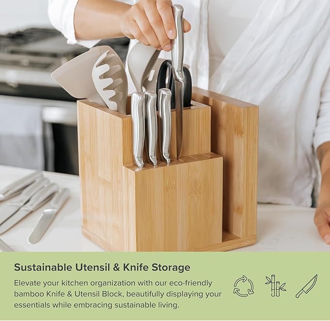KitchenEdge Bamboo Magnetic Knife Block and Cooking Utensil Holder, Sleek Storage for Chefs Knives, Steak Knives, Spatulas, Scissors, Non-Slip Rubber Feet, Easy to Clean, Kitchen Countertop Organizer