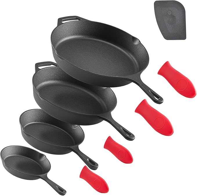 VEVOR Cast Iron Skillet, 4-Piece Frying Pan Set (6, 8, 10, 12 in), Skillets with Heat-Resistant Silicone Handle, Pre-Seasoned Chef's Pan, Kitchen Cookware, for Oven, Gas, Electrical, Induction, Black