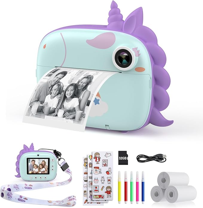 Kids Camera Instant Print, Selfie Digital Camara for Kids with Print Paper & 32G Card, 2.5K Video & Instant Print Camera with Color Pens for DIY, Fun Gift for Girls Boys 3-12 Years Old (Green)