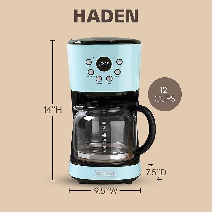 Haden Coffee Machine, 12 Cup Programmable Drip Coffee Maker with Auto Shut-Off Function and Reusable Washable Water Filter, Turquoise & Chrome