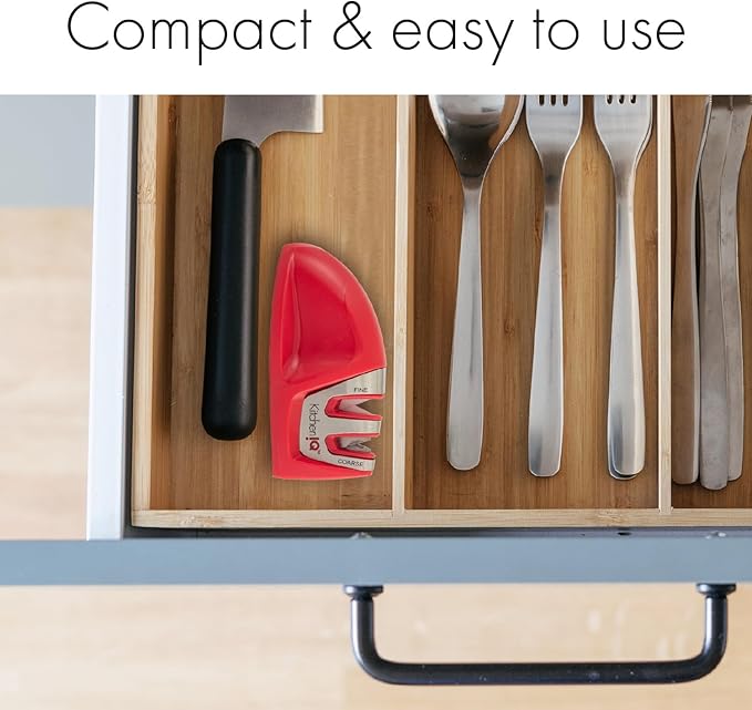 KitchenIQ 50883 - Edge Grip 2-Stage Knife Sharpener - Red - Coarse & Fine Sharpeners - Compact - Stable Non-Slip Base - Soft Grip Rubber Handle - Straight & Serrated Knives
