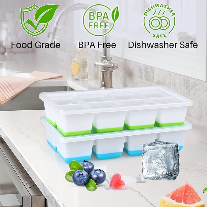 Large Ice Cube Molds, FURNSII 2 Pack Silicone Large Square Ice Cube Trays with Lids BPA Free, Easy-Release & Stackable 1.8'' Big Ice Cube Tray for Freezer Cocktail Whiskey Coffee