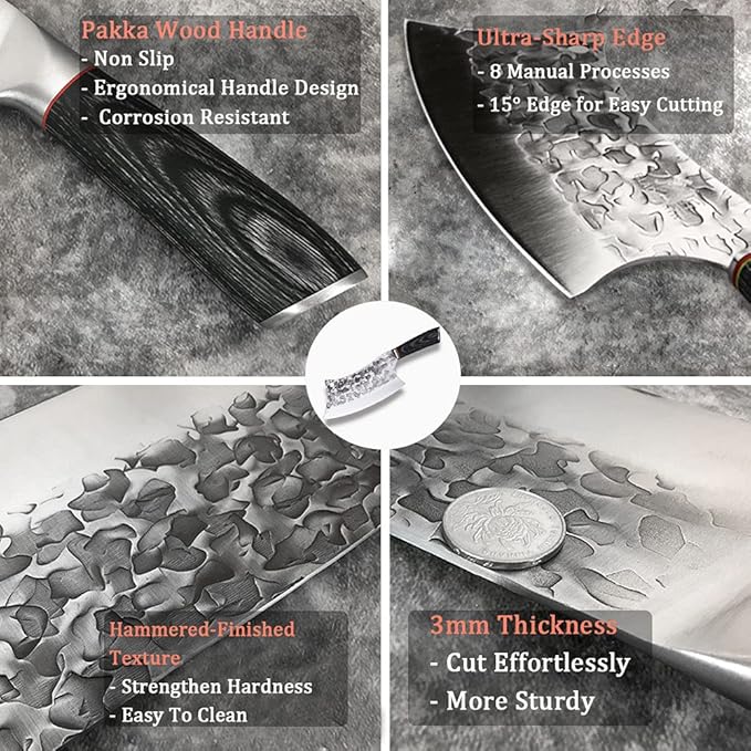 BLADESMITH Butcher Knife 8“, Forged Meat Cleaver Kitchen Knives, Curved High Carbon Steel Blade, PakaWood Handle, for Slicing and Cutting