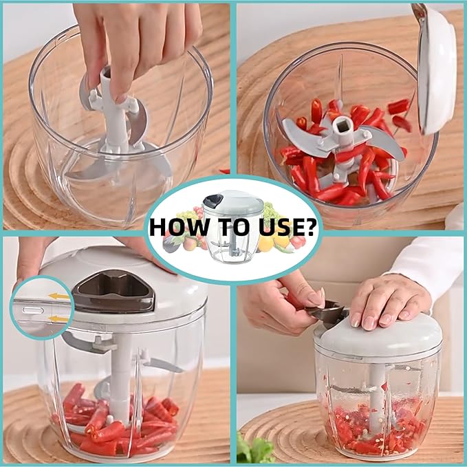 Manual Food Processor Vegetable Chopper, Hand Pull String Garlic Mincer Cutter for Veggies, Fruits, Nuts, Meat, Salad,900ml Gray