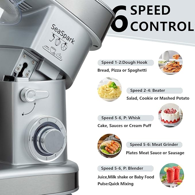 Multifunctional Stand Mixer 6.3Qt 6-Speed Tilt-head, Electric Kitchen Mixer with Stainless Steel Bowl,Meat Grinder, Juice Blender (Silver)
