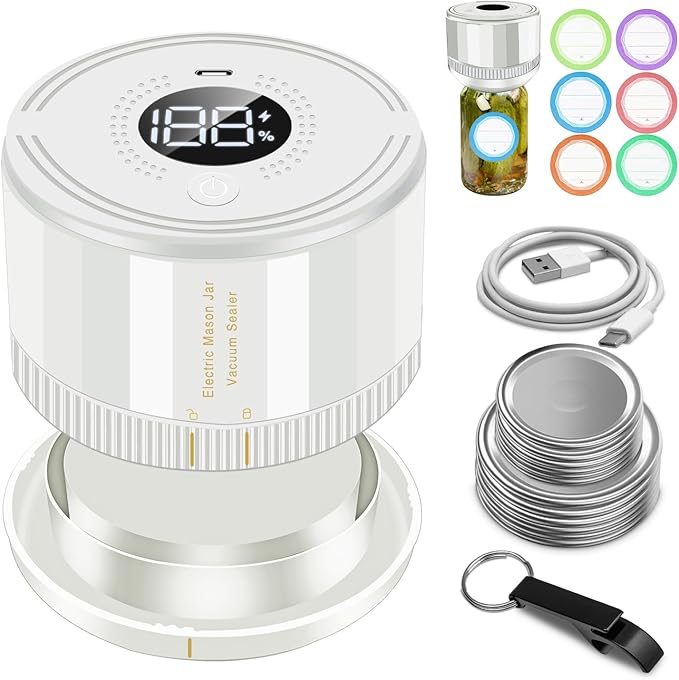 Auto Stop Electric Mason Jar Vacuum Sealer, Vacuum Sealer Kit for Wide Mouth and Regular Mouth Mason Jars with Food Storage Labels for Freshness and Preservation