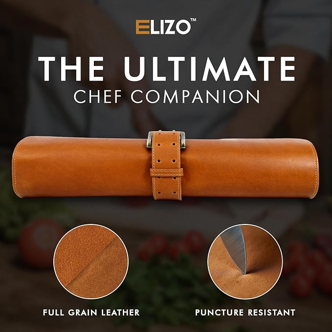 ELIZO Leather Knife Roll Bag Professional Chef Knife Case, Durable Knife Sheath Holder, Cooks & Culinary Tools Carrying Storage, Portable Knife Wrap - 4 Slots (Palomino)