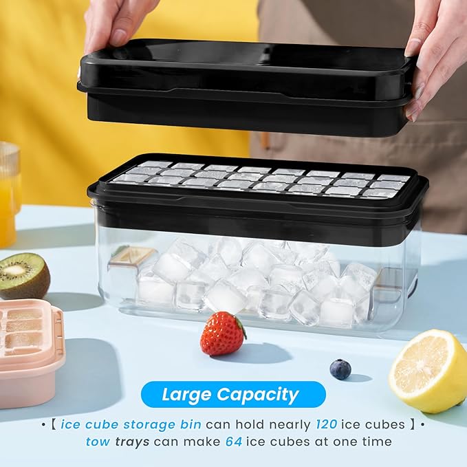 Ice Cube Tray with Lid and Bin, PHINOX 64 pcs Ice Trays for Freezer, Ice Cube Trays for Freezer with 2 trays, Container, Lid & Ice Scoop, BPA Free, Black