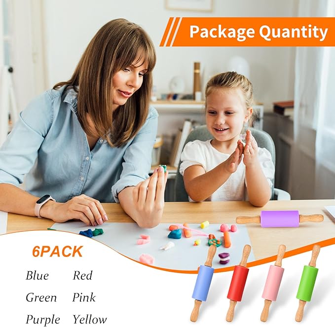 Mini Silicone Rolling Pin for Kids, Non-stick Surface Wood Handle, 9 Inch 6 Pack