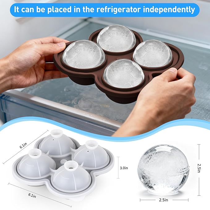 Ice ball maker mold For Whiskey And Cocktails ，2.5inch Round ice cube mold with Lids Easy Release Silicone Sphere Ice Cube Tray Perfect For Chilling Beverages Drinks And Bourbon 2PCS/8 Ice balls