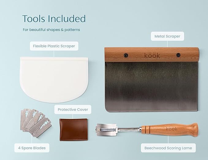 Kook Banneton Bread Proofing Set, Artisan Sourdough Bread Making Kit, 9.8 Inch Rattan Baskets and Liners, Metal & Plastic, Scrapers, Scoring Lame & Case, 4 Extra Blades, Set of 2, Oval