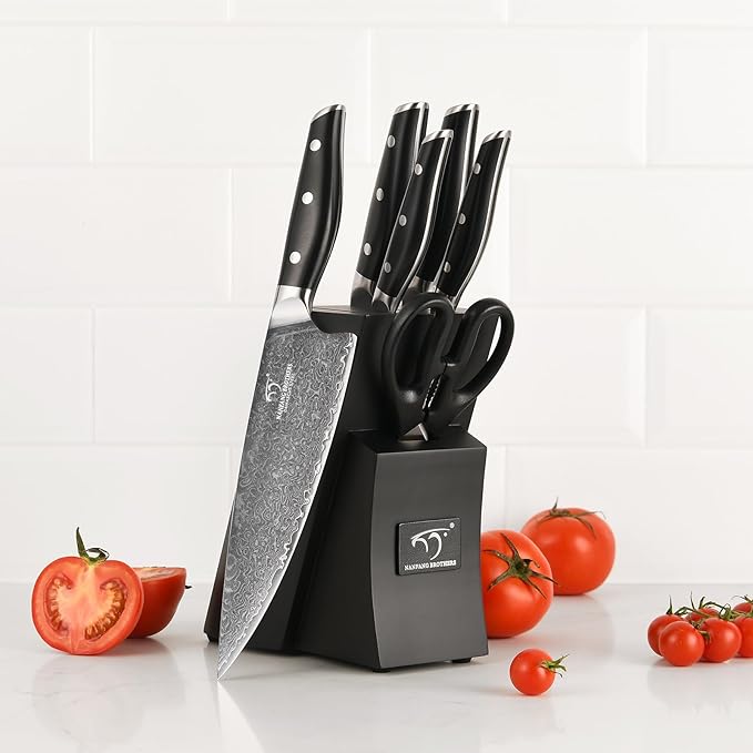 Damascus Knife Set with Block for Kitchen, VG10 Damascus Steel Kitchen Knife Set with Triple Rivet Handle, Chef Knife Set with Shears & Wooden Block, 7PCS