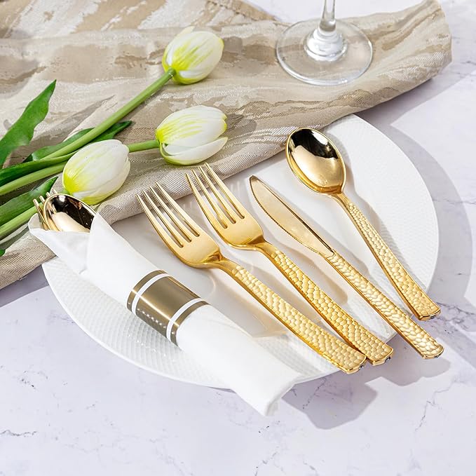 WELLIFE 400PCS Gold Plastic Silverware, Pre Rolled Silverware Set Disposable,Plastic Cutlery Includes: 100 Forks, 100 Knives, 100 Spoons, 100 Napkins, Cutlery Set Disposable for Thanksgiving