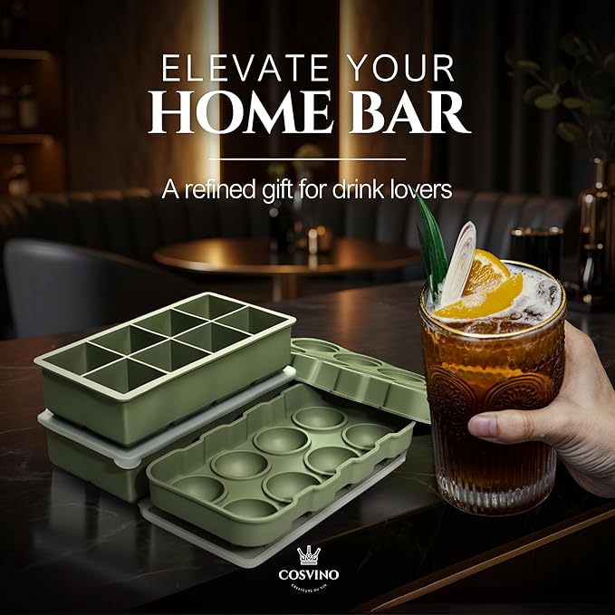 Large Ice Cube Trays Perfect for Whiskey and Summer Drinks - Space Black, Italian Design - 2 Pack (16 x Ice Cubes | Square and Round | XL) - Cosvino - Removable Lid, Easy Release (Olive Green)