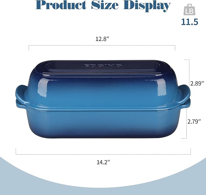 Enameled Cast Iron Loaf Pan with Lid, Dutch Oven Bread pan for Homemade Sourdough Bread Baking, 12.5x5.5 inch, 5qt, Lake Blue