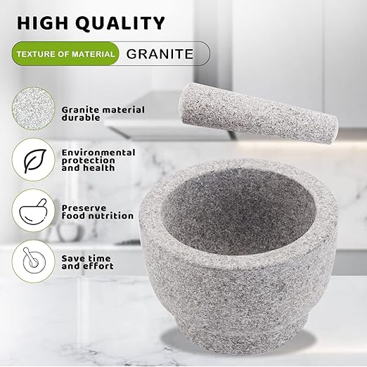 Mortar and Pestle Set,Heavy Duty,Unpolished Granite,8Inch-5Cup Capacity,Grinder for Spices and Seeds,Grinding,Crushing and Mashing Spices,Nuts,for Guacamole,Garlic Sauce,Gray.