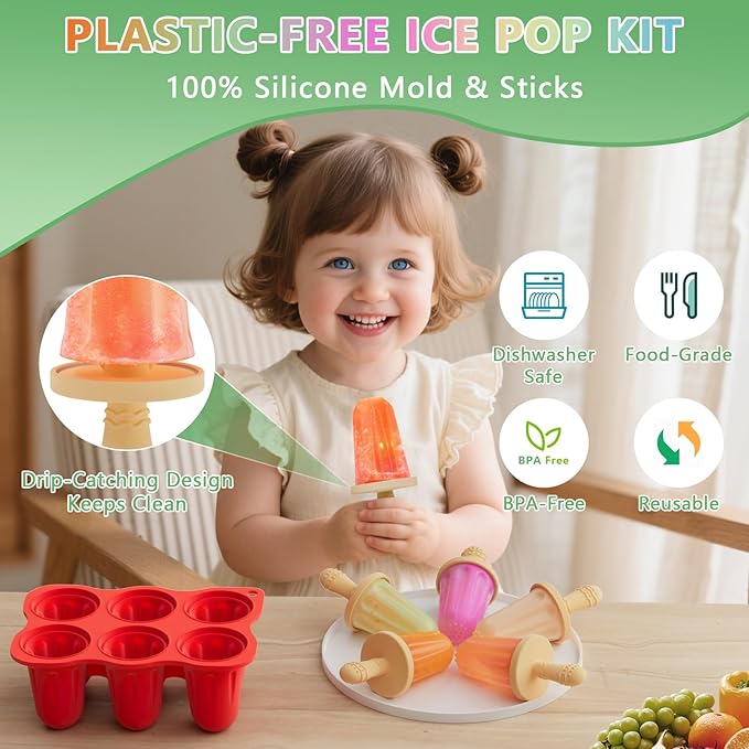Silicone Popsicle Molds for Toddlers, 6-Cavity x 2oz Food-Grade Ice Pop Mold, Reusable DIY Fresh Fruitsicle Frozen Treats Maker (RED)