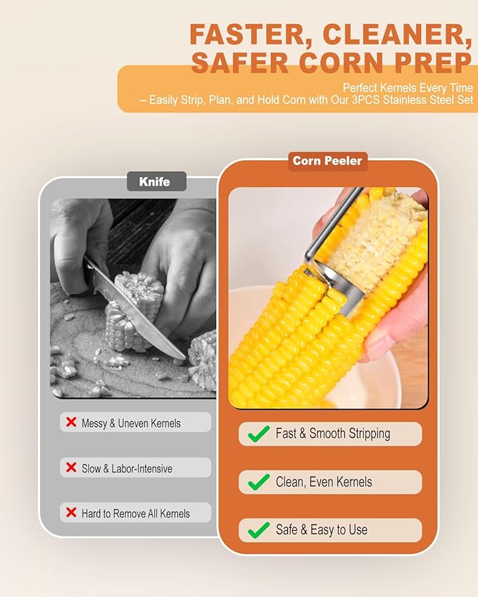 3PCS Corn Peeler Set – Stainless Steel Corn Stripper Tool with Cutter, Planer & Holder – Quickly Remove Kernels from Corn on the Cob – Dishwasher Safe, Easy Grip Handle, for Home & BBQ