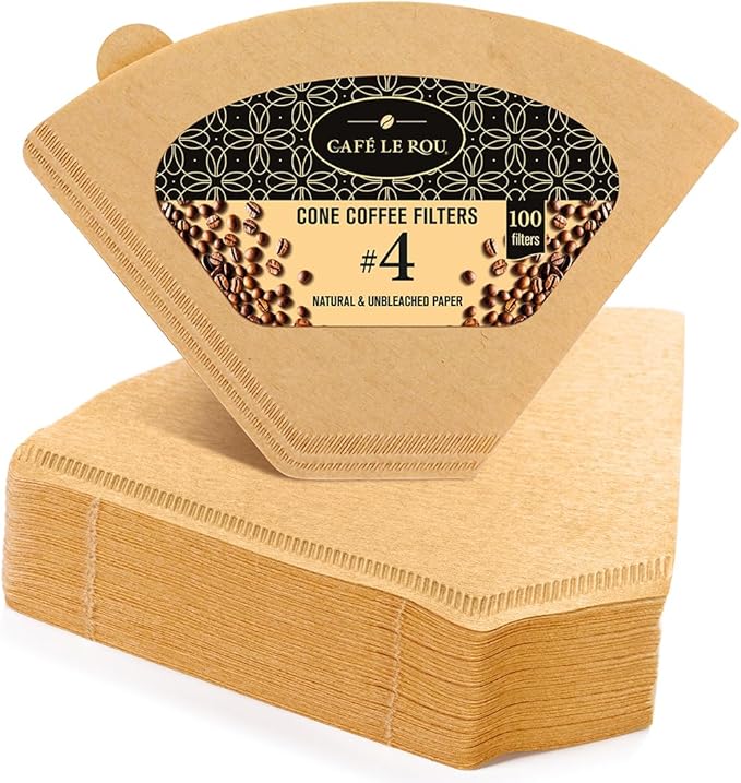 Cafe Le Rou Natural Unbleached Paper Cone Coffee Filters, #4 Size, Brown, 200 Count, for Pour-Over and Drip Coffee Makers'.