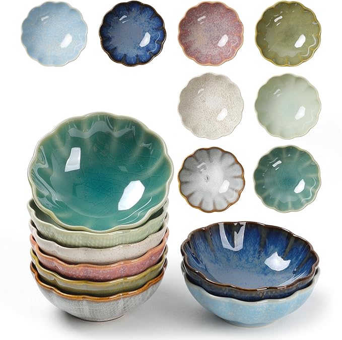 Dipping Bowls Set of 8, Ceramic Soy Sauce Dishes, 3 oz Dipping Sauce Cups, chrysanthemum Round Small Side Dish Dishes for Dipping Sushi Tomato Soy Sauce Dish Condiment Finger Bowls