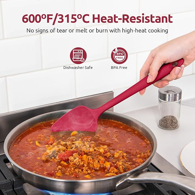 U-Taste Silicone Spoon Spatula Set, 600ºF High Heat Resistant Food Grade Flexible Rubber Scraper, Integrated Cooking Mixing Baking Kitchen Utensils Set of 3 for Nonstick Cookware (Red)
