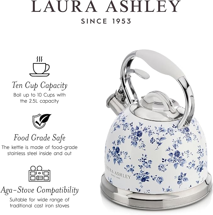 VQ Laura Ashley China Rose 2.5L Stainless Steel Tea Kettle Stovetop Whistling Teapot for Induction, Gas Hob or others. Silicon Coated Cool Handle & Push Button Mechanism Vintage Stove Top Kettle