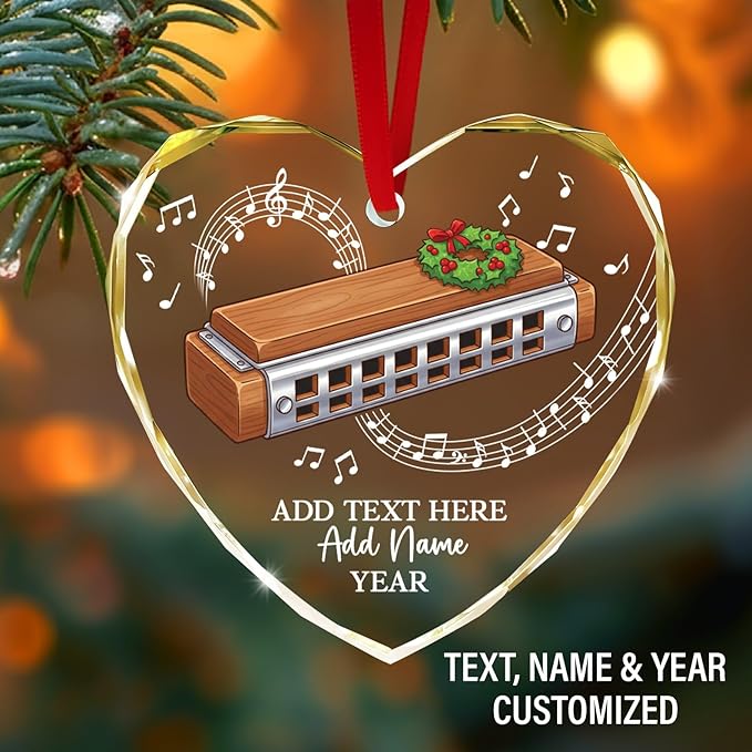 Personalized Harmonica Musical Instrument Glass Ornaments, Harmonica Christmas Tree Ornament 2025, Custom Music Lover Christmas Ornament with Text Name & Year, Keepsake Gift for Music Teacher