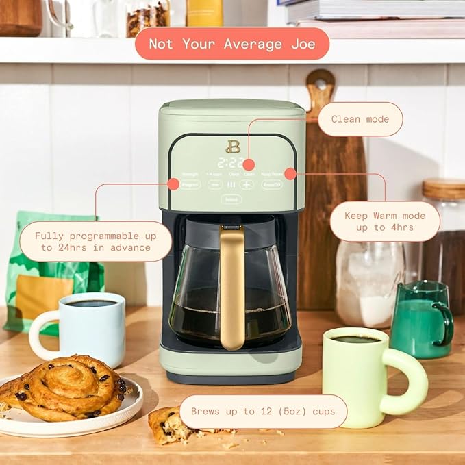Beautiful 12-Cup Programmable Coffee Maker – Auto Brew, Digital Timer, Glass Carafe (Sage Green)