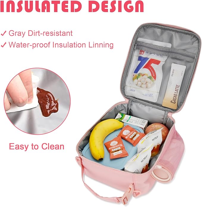 Initial Insulated Lunch Bag for Girls Kids, Back to School Gift, Reusable Leak-proof Lunch Box with Adjustable Strap for School Daycare Travel Picnic (Pink,T)