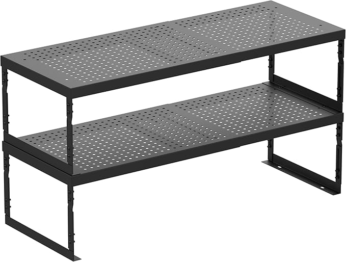 Stackable Expandable Metal Shelf Organizer - Adjustable Wire Storage Rack with Holes for Kitchen, Bathroom, Cabinet, Office - Space Saving, Durable & Sturdy Design（2PACKS/Medium/Black