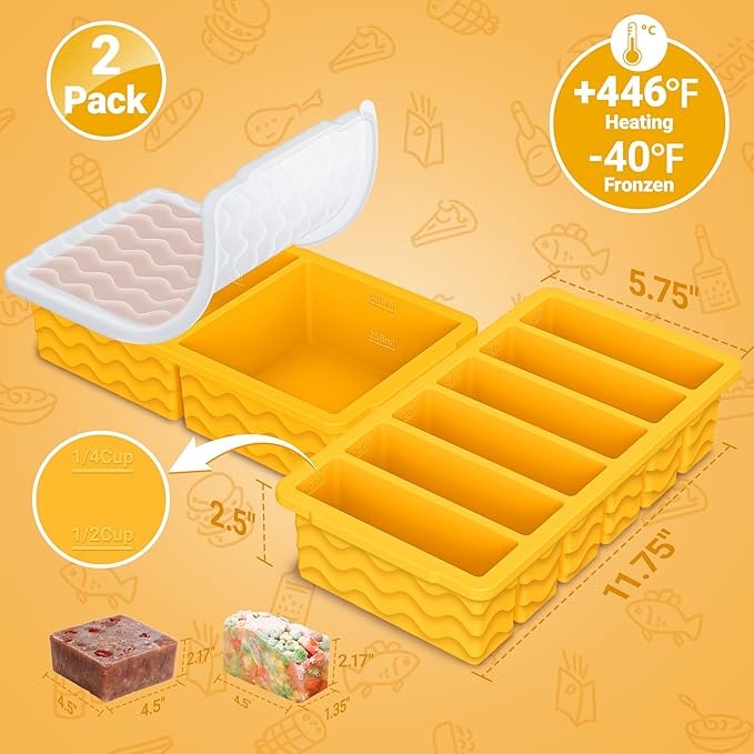 2-Pack Silicone Freezer Trays with Lid, 2 Large 2-Cup(500ml) & 6 Small 1/2-Cup(125ml) Soup Freezer Container Molds, Ice Cube Tray For Meal Prep & Freezing Soup, Stews, Sauces, Oven & Dishwasher-Safe