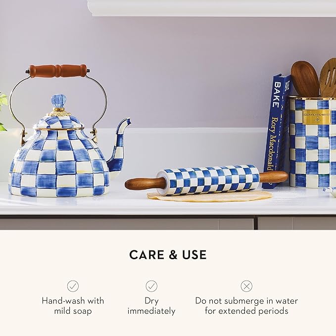 MACKENZIE-CHILDS Rolling Pin, Decorative Roller Pin for Baking, Cute Baking Supplies, Blue-and-White Royal Check