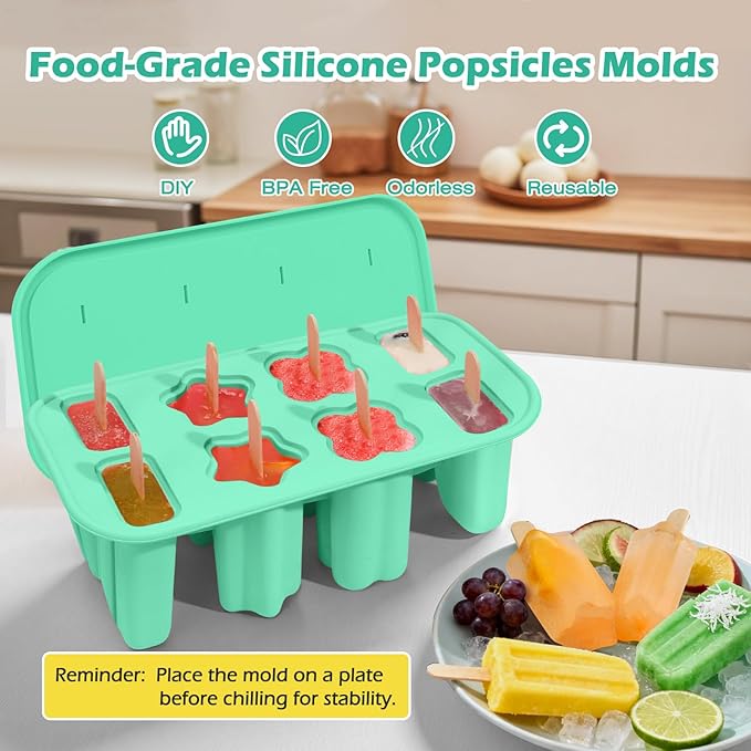 Popsicles Molds, 8-Cavity Silicone Popsicle Molds with 50 Sticks, BPA-Free Ice Pop Mold Popsicle Maker with Funnel & Cleaning Brush for Kids Adult Teens