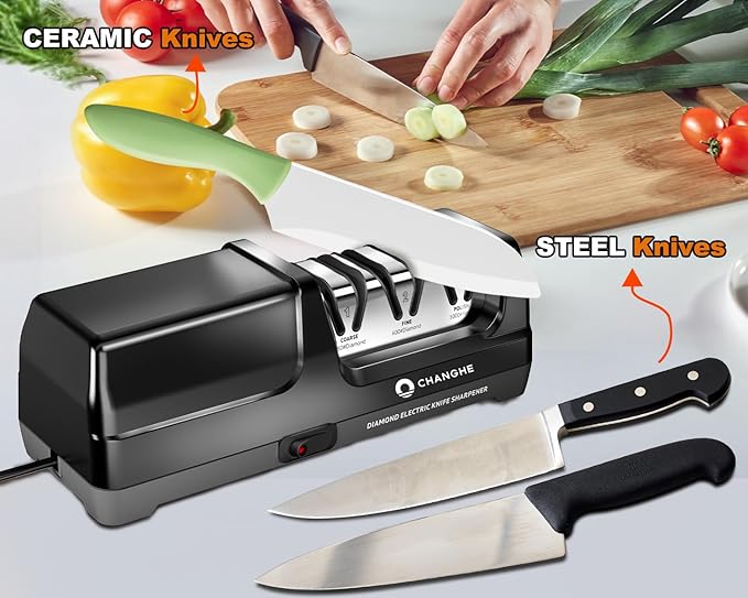Electric Kitchen Knife Sharpener,3 Stages Diamond Abrasives of 360 Grit,600 Grit and 1000 Grit for Sharpening Stainless Steel Knives and Ceramic Knives, for Kitchens and Restaurants (20° Angle)