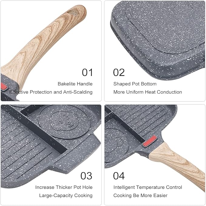 Sectional Skillet, Grill Pans for Stove Tops Nonstick 3 Section Breakfast Pan Meal Skillet Griddle Divided Pan, with Silicone Brush & Clip, 10.5”