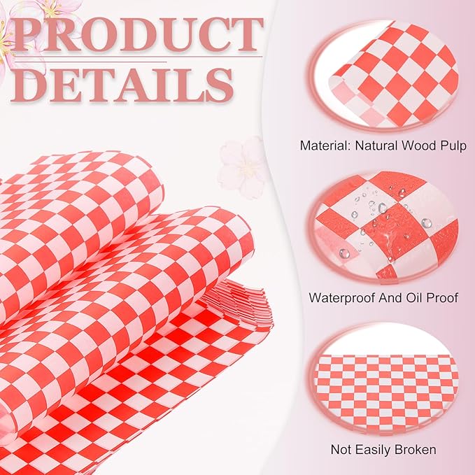PATIKIL 8.7" x 8.7" Waxed Paper Sheets, 50Pcs Square Pattern Oil-absorbing Dry Food Wrapping Paper for Bakery Coffee Shop Home Baking Kitchen DIY, Red
