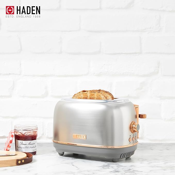 Haden Heritage 4 Slice Wide Slot Stainless Steel Toaster Bundled with 1.7 Liter Stainless Steel Electric Water Kettle, Steel & Copper