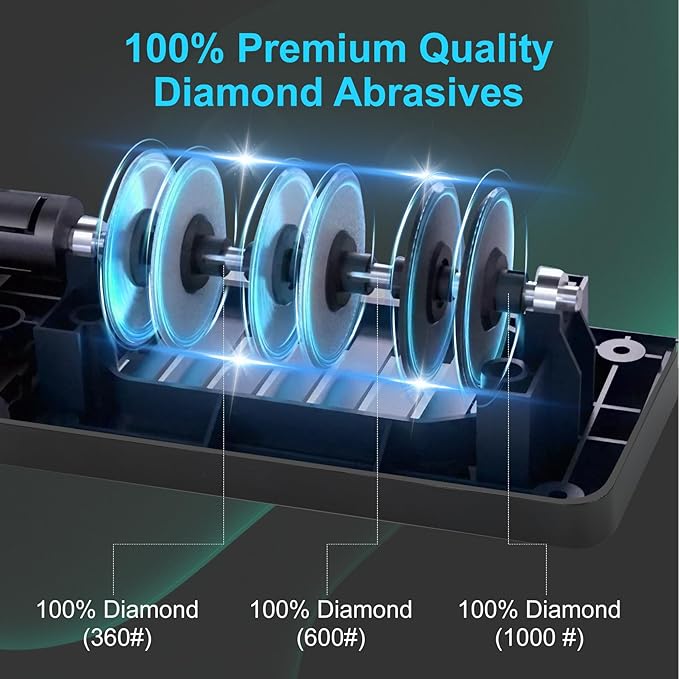 Knife Electric Sharpener for Kitchen, Bread, Serrated & Japanese-style Knife, 3 Stages Precision Angle Guides Sharpener, 100% Diamond Abrasives