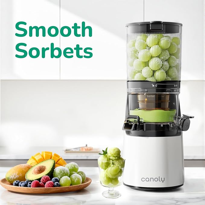 Canoly C16 Cold Press Juicer, 6" Extra Wide Feed Chute, 3-IN-1 Strainers (Juice & Sorbet & Nut Milk), Powerful AC Brushless Motor, Self Precut System, Juicer Machines with BPA-Free (Pearl White)
