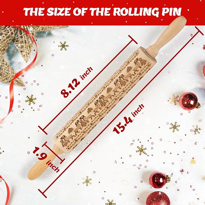 Christmas Gifts Wooden Embossed Rolling Pin for Baking, Deep Engraved Embossing Rolling Pins Cookie Stamps Roller with Christmas Elk Deer Pattern Designs for Baking Cookies Stamps Roller, DIY Tools