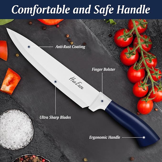 Kitchen Knife Set with Block and Build-In Sharpener,14-Piece German High Carbon Stainless Steel Knives Sharp Blade, Dishwasher Safe (14pcs-blue with white ceramic coating)