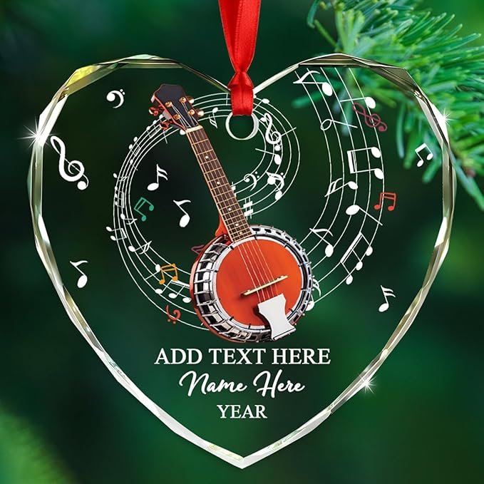 Customized Banjo Musical Glass Ornament Xmas Tree, Personalized Text Year Name Musical Instrument Ornaments Gift for Banjo Lover Brother Sister Dad Mom Parents,Unique Banjos Instrument Glass Ornament