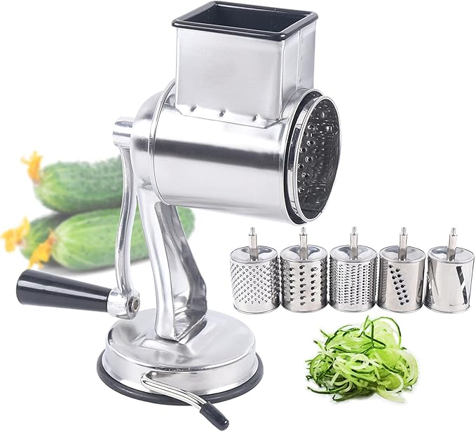 Rotary Cheese Grater Vegetable Potato Slicer Upgrade Stainless steel Rotary Handheld Grater Food Grater with 5 Blades for Vegetable Chesse Chocolate
