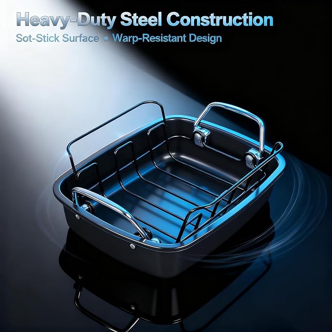 24lb Carbon Steel Nonstick Roasting Pan with Rack - BPA Free, Leak-Proof, 450°F Heat Resistant (17x13x4in) | Oil-Draining, Dishwasher Safe for Thanksgiving Christmas Turkey
