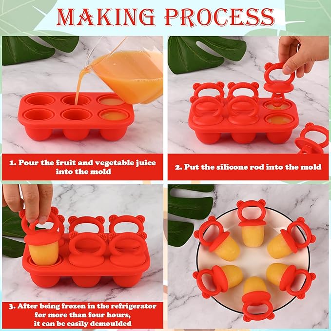 Sakolla Baby Popsicle Molds Mini 6-Cavity Silicone Ice Pop Mold with Sticks Breastmilk Popsicle Molds for Teething Relief Toddler Popsicle Mold for Ice Cream Frozen Yogurt and Fruit Juice (Red)