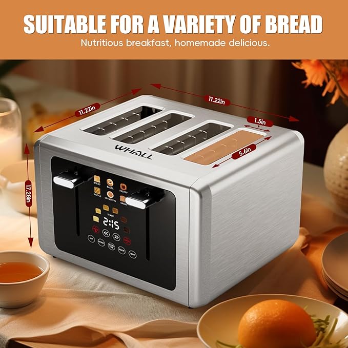 whall 4 Slice Touch Screen Toaster, Stainless Steel Toasters Digital Timer, Dual Control Panel Toasters，6 Shade Settings＆6 Bread Types, Smart Wide Slots, Bagel, Cancel, Defrost