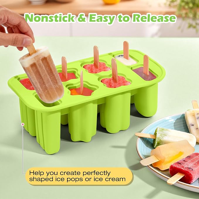 Popsicles Molds, 8-Cavity Silicone Popsicle Molds with 50 Sticks, BPA-Free Ice Pop Mold Popsicle Maker with Funnel & Cleaning Brush for Kids Adult Teens