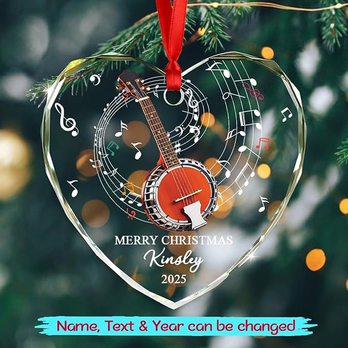 Customized Banjo Musical Glass Ornament Xmas Tree, Personalized Text Year Name Musical Instrument Ornaments Gift for Banjo Lover Brother Sister Dad Mom Parents,Unique Banjos Instrument Glass Ornament