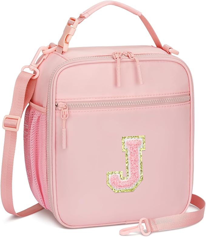 Initial Insulated Lunch Bag for Girls Kids, Back to School Gift, Reusable Leak-proof Lunch Box with Adjustable Strap for School Daycare Travel Picnic (Pink,J)
