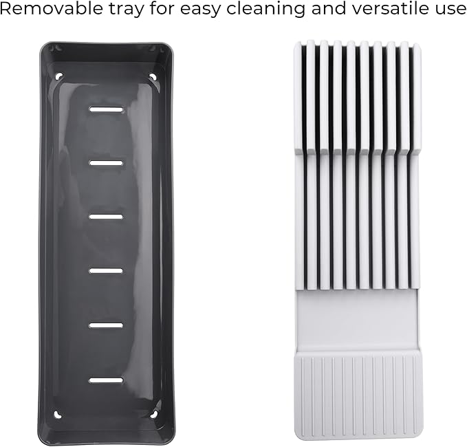 Linoroso Knife Drawer Organizer With In-Drawer Knife Block for 9 Knives, Kitchen Utensil Organizer, BPA Free Secure Storage Tray for Countertop Organization